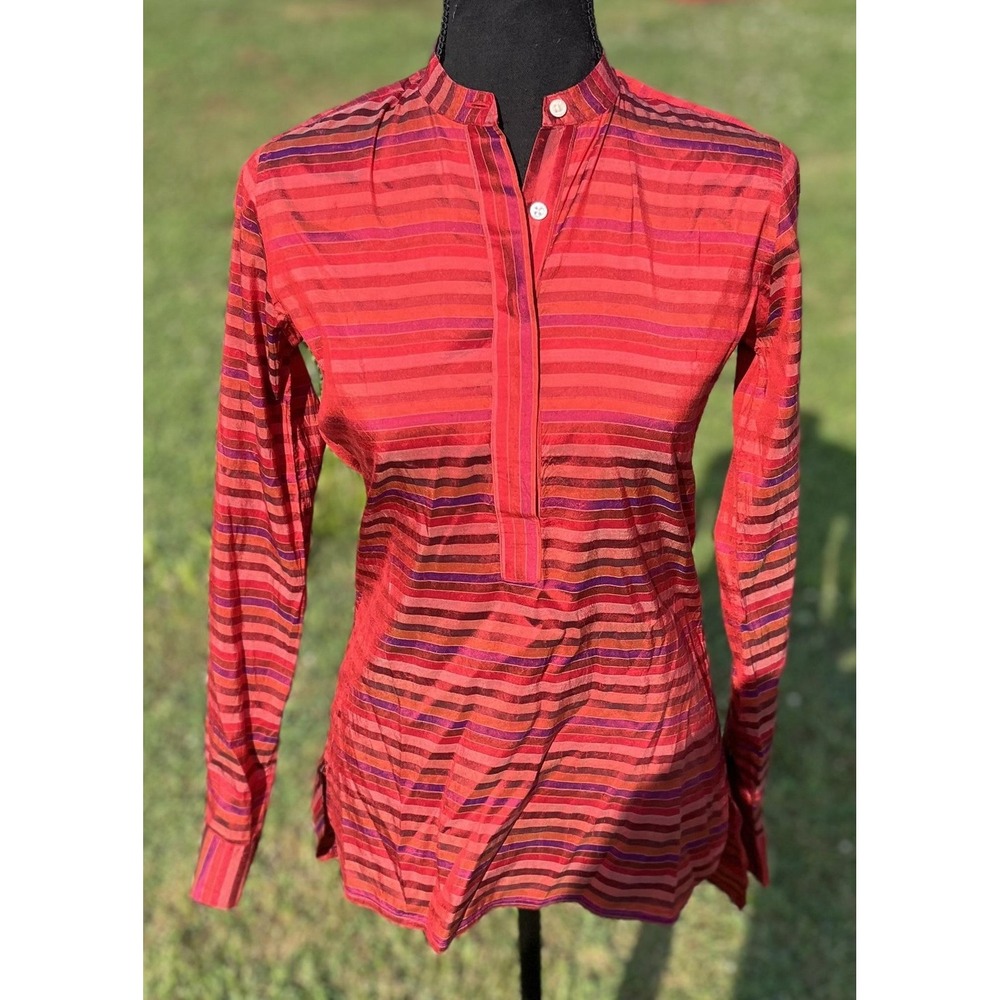 Ann Mashburn Shirt Womens XS Striped Long Sleeve‎ Popover Tunic Top 100% silk